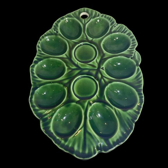 Vintage Green Ceramic Deviled Egg Plate Tray With 12 Egg Slots & Center Well 10. - Picture 1 of 6